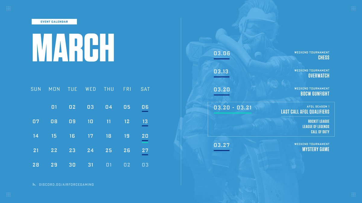 AirForceGaming's tweet photo. 📣 AFG March Madness is here! 📣

Check out our action packed month of tournaments and events featuring games such as Chess, Overwatch and Call of Duty.

Join Air Force Gaming: https://t.co/9x6AMmYNNn
Check out our Discord: https://t.co/0Y2xFWGJC6 https://t.co/AX7BwRcg71