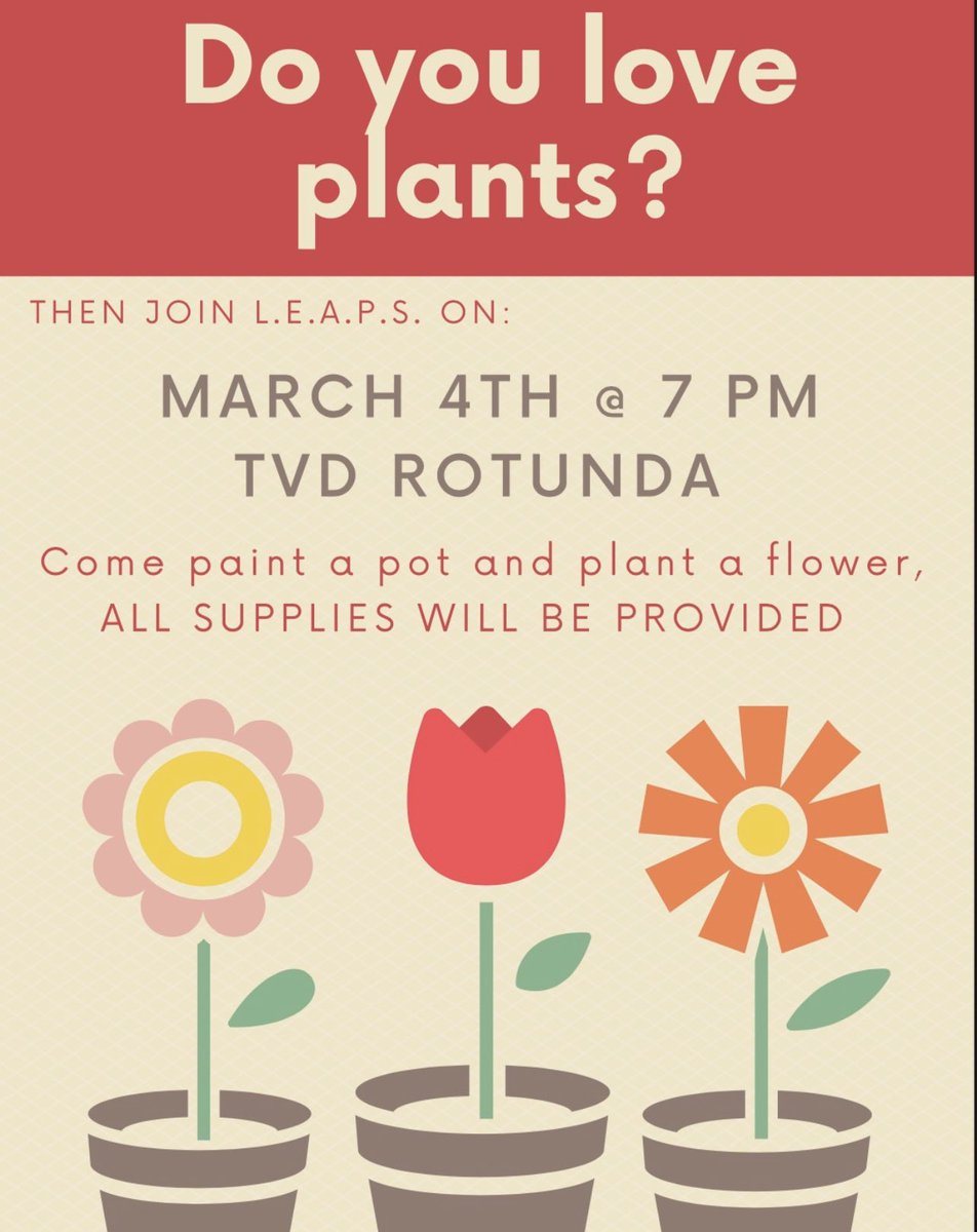 ACLEAPS's tweet photo. THIS THURSDAY AT 7PM! Join us in the TVD rotunda to welcome spring by painting a pot and planting flowers! See you then! https://t.co/kYK1YCc3wQ