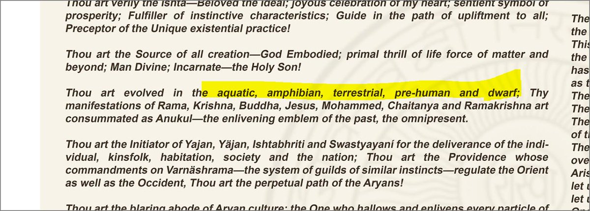 19. Who is Sree Sree Thakur? He is the one that the Satang pray to. Why? Because! Just listen to their prayers. This 1888 baby/scientist became, "EVOLVED IN THE AQUATIC, AMPHIBIAN, TERRESTRIAL, PRE-HUMAN AND DWARF." Pray, g-d dammit! Bow down and pray to the dwarf expert!!!