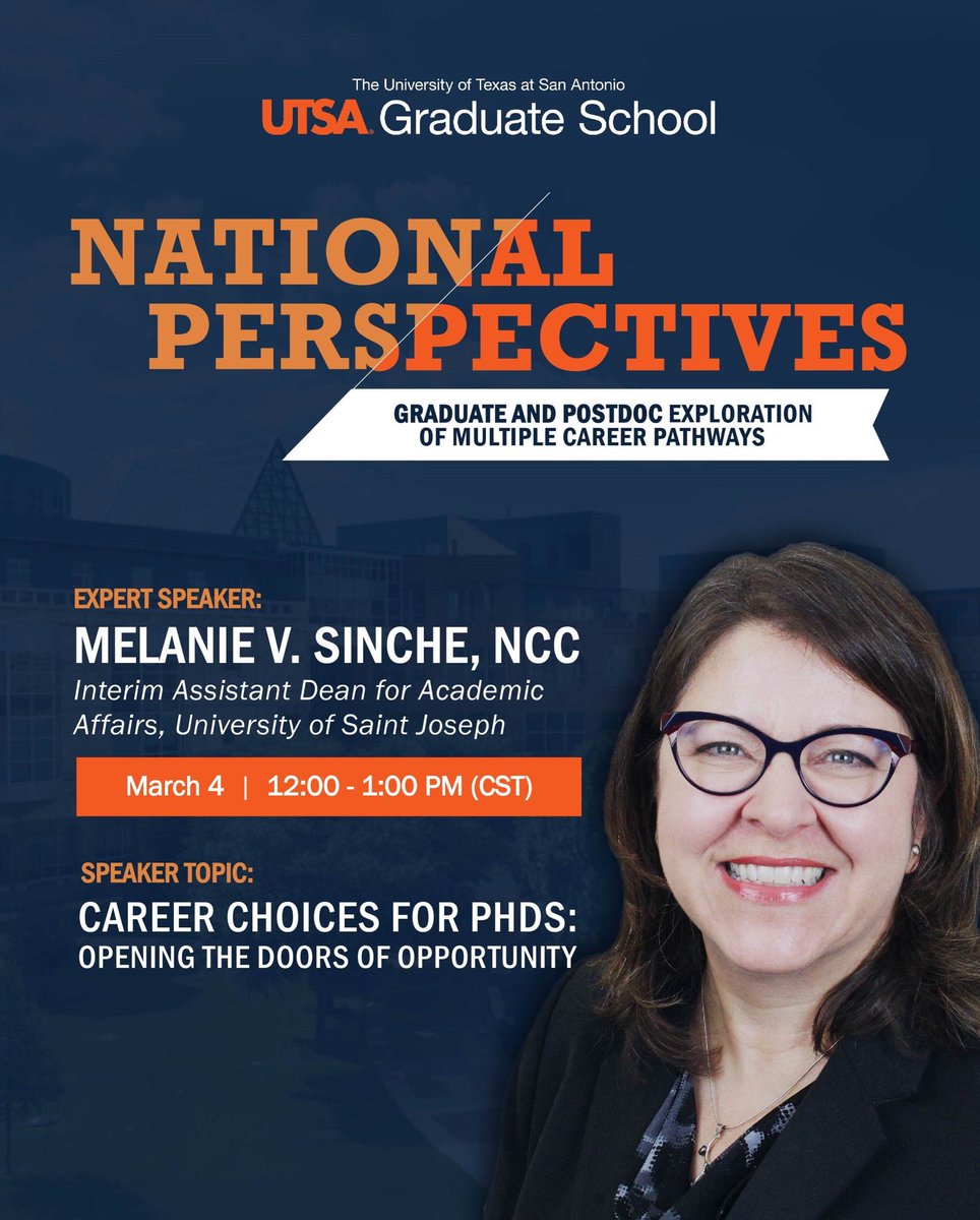 UTSAEnglish's tweet photo. Happening March 4th: Check out this great presentation brought to you by the UTSA Graduate School! Melanie V. Sinche will be speaking to ‘Runners about PhD career choices and graduate/postdoc exploration!
#UTSA #utsagraduateschool #UTSASpeaker #utsaroadrunners #utsa24 #utsa23 https://t.co/z65uuyYKmH