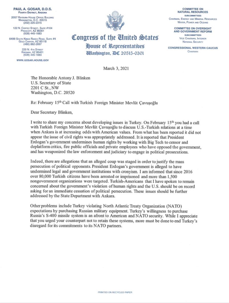 RepGosar's tweet photo. Turkish Americans expect the State Dept to address civil rights violations in #Turkey including political persecutions, deplatforming, and weoponized law enforcement and judiciary against political opponents. @SecBlinken https://t.co/1Imnn6uWVr