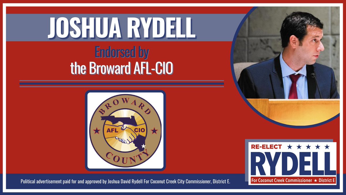 📣  BREAKING NEWS! 📣

We have just received an endorsement from the Broward County AFL-CIO! I am always here to support workers, and I'm so grateful they have given me their support in return.

<a href="/BRAFLCIO/">Broward AFL-CIO // Pass the #PROAct</a> #ReelectRydell #FlaPol <a href="/browardpolitics/">Anthony Man</a>