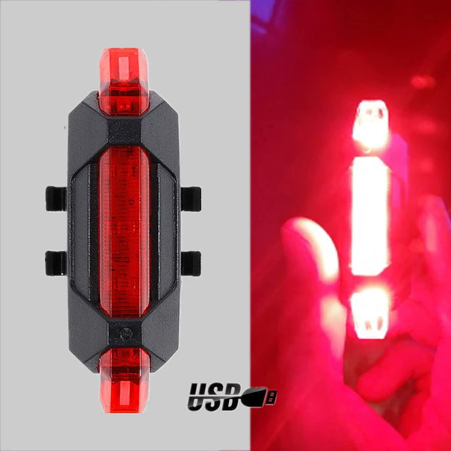 USB Rechargeable Bike Lights. Front &amp; Rear Hazard/Warning Lights for Cycling Safety. Waterproof LED Lights. Colours available: Red, White &amp; Blue. Easy Installation. Condition: New.