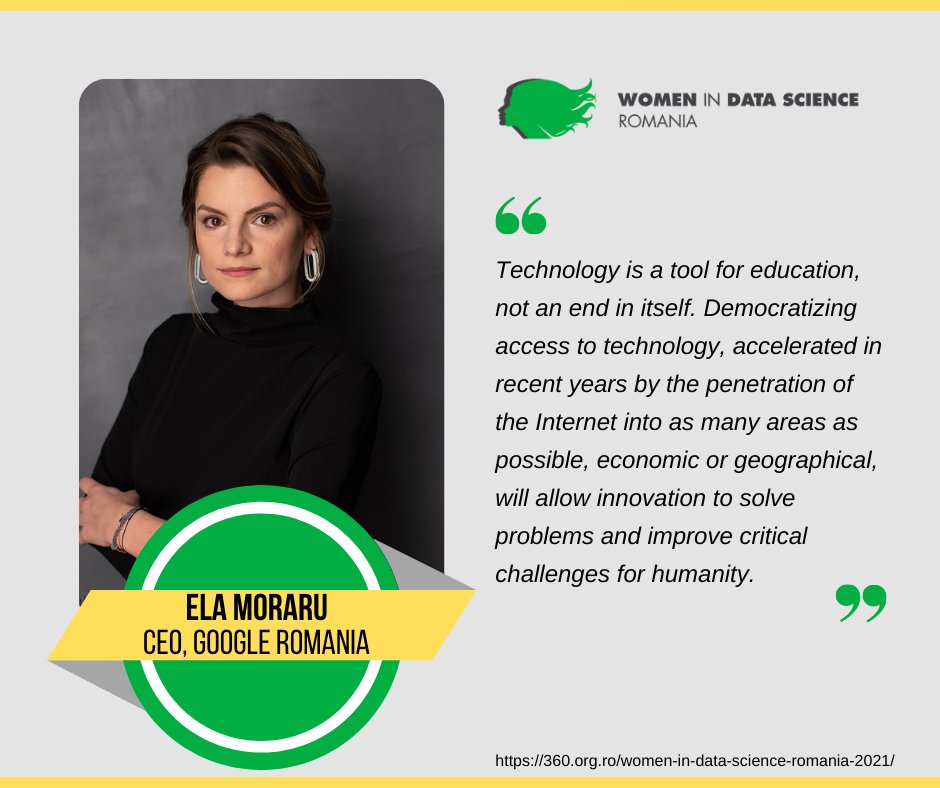 360orgro1's tweet photo. #WiDS2021 Education Panel
Ela Moraru este Country Manager pentru Google România. Dorința ei pentru educație s-a materializat prin proiecte clare și bogate în informație pentru tinerii din #România.
Register: https://t.co/VpWv9bG9XL
#widsro #wids #conference #thinktank https://t.co/3n7NZmG8BU