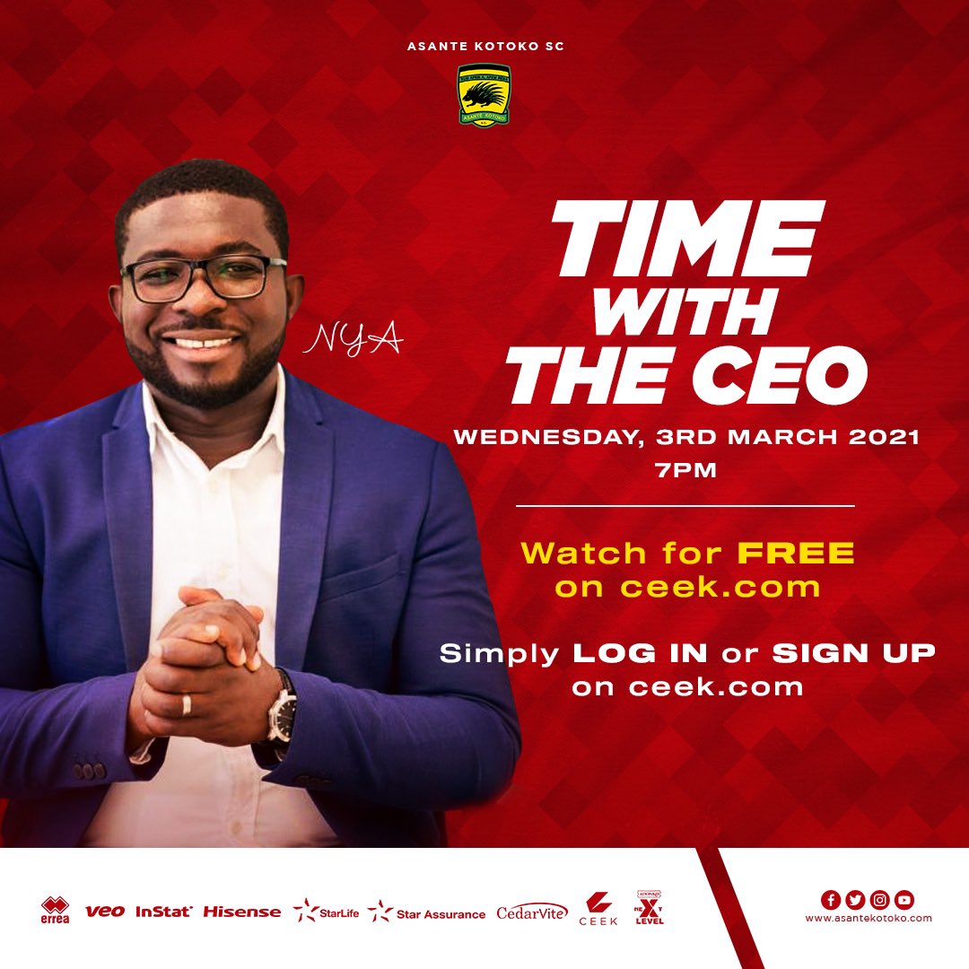 AsanteKotoko_SC's tweet photo. T I M E  W I T H  T H E  C E O 🔥🔥🔥

Watch for F R E E on https://t.co/YwBVUrd1aQ 

Simply log in or Sign up on https://t.co/YwBVUrd1aQ 

#AKSC #ariseletsbuild #TimewiththeCEO https://t.co/Up41ckaiOg