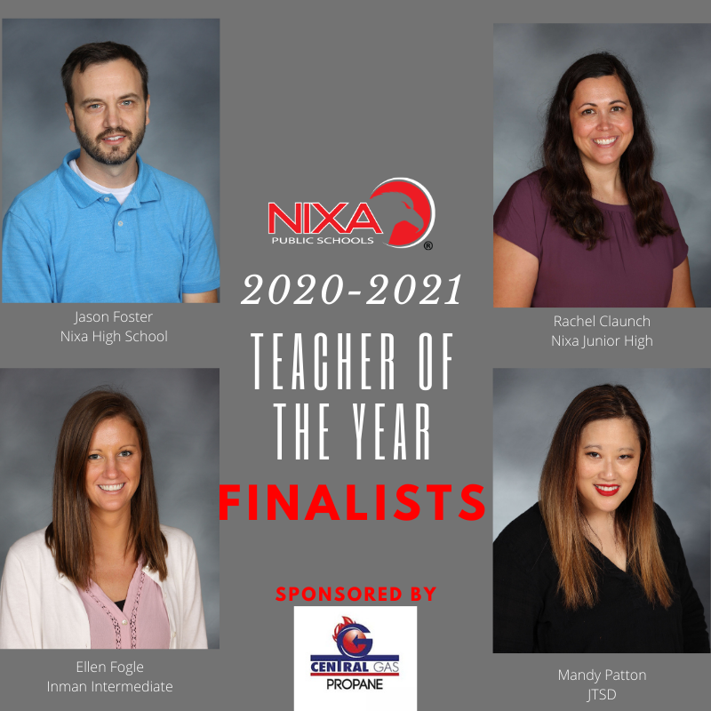 🥳 Congratulations to our Teacher of the Year finalists. Nixa's Teacher of the Year will be announced at the NEF Gala (if we have it) or in May if we do not. 🥳 

Congratulations to Jason Foster, Rachel Claunch, Ellen Fogle, and Mandy Patton.
