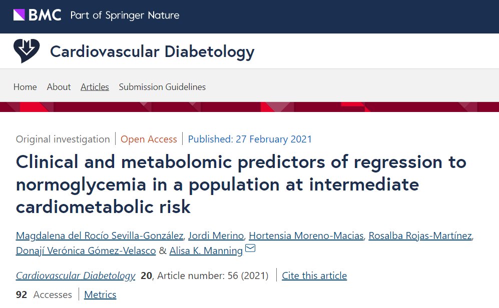 A prospective, population-based study aimed to identify clinical & biological predictors of regression to normoglycemia in a non-European population characterized by high rates of type 2 diabetes. @magdasevilla22 @AlisaManningPhD via @BioMedCentral: cardiab.biomedcentral.com/articles/10.11…