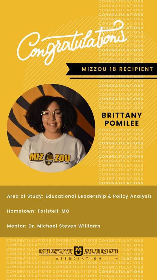 We would like to send a huge congratulations to our research team member (@brittnichole_15 ) for being selected for #mizzou18 . We are so proud of you. Continue striving for greatness and impacting higher education.