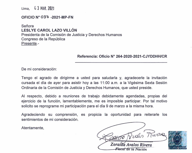 #Ahora Zoraida Ávalos pidió a la Comisión de Justicia del Congreso reprogramar su citación para el próximo martes 9 de marzo. La sesión estuvo fijada para hoy a las 11 a.m., donde iba a ser consultada por el caso de las fiscales Sandra Castro y Rocío Sanchez. <a href="/Politica_LR/">Política y Economía La República</a>