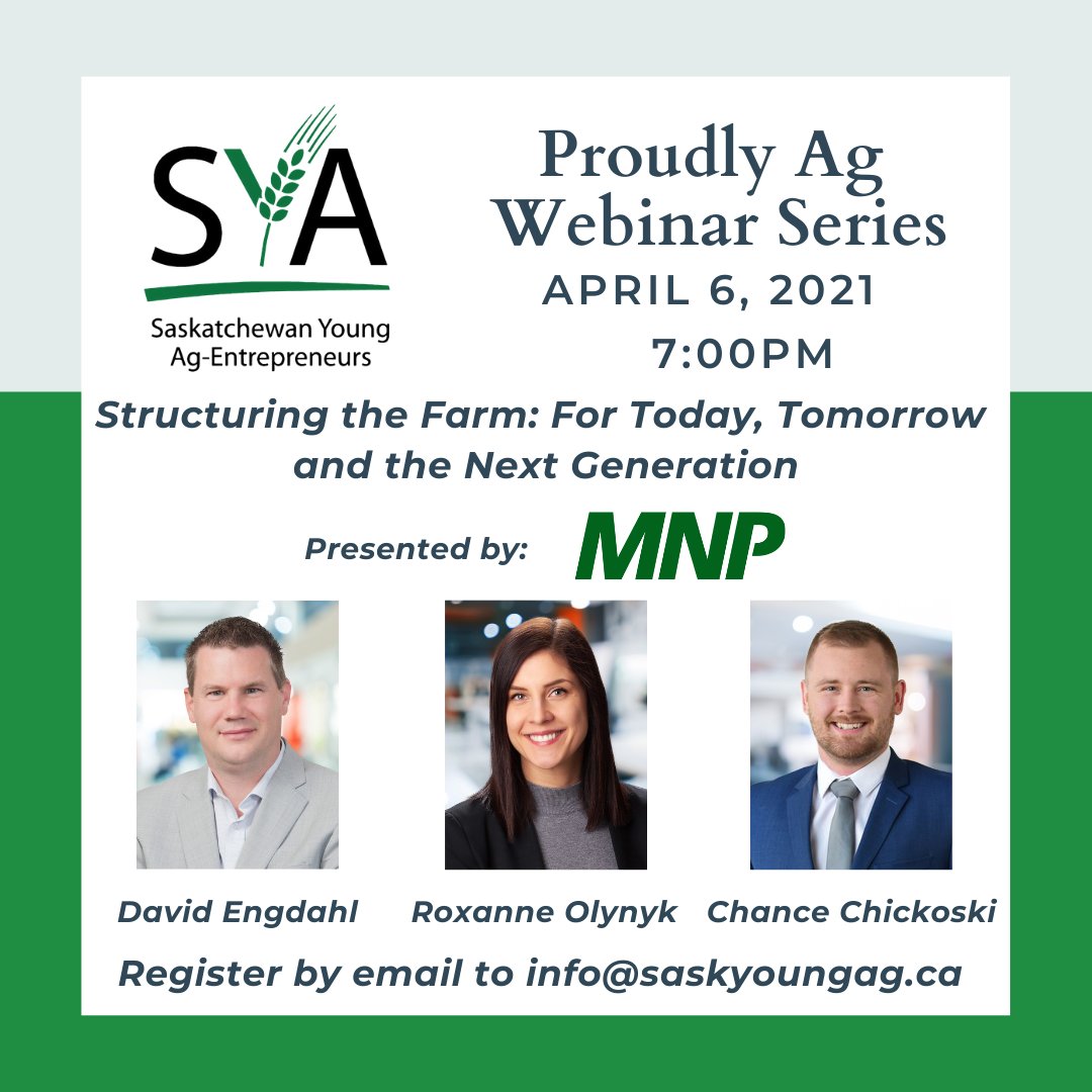 Next up in the Proudly Ag Webinar Series 🖥️
Structuring the Farm: For Today, Tomorrow and the Next Generation presented by <a href="/MNP_LLP/">MNP</a> 
Register at: saskyoungag.ca/events.html
#farmbusiness #leadership #nextgeneration #youngfarmers