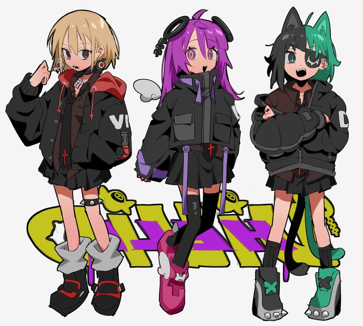 3girls multiple girls jacket animal ears blonde hair eyepatch cat ears  illustration images