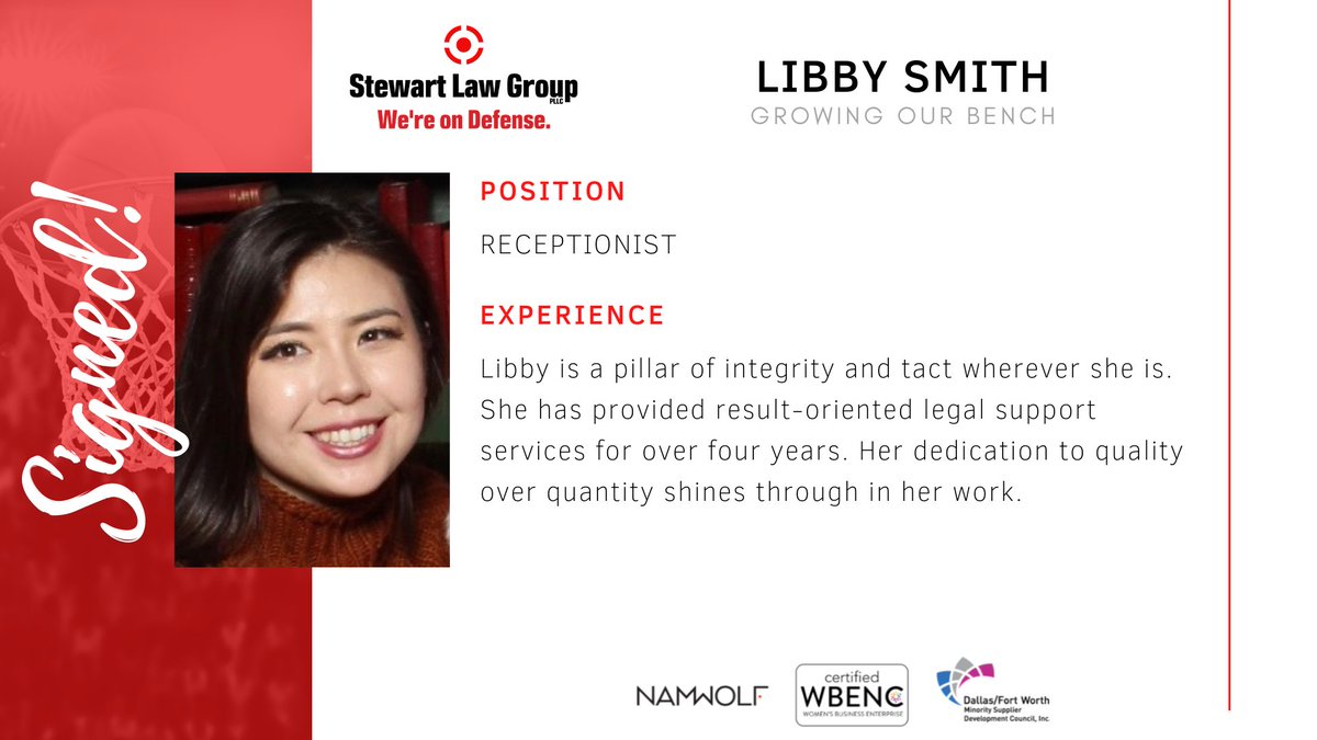 SLGLaw745's tweet photo. Signed! 🖊️

Please welcome Libby Smith to the #SLGTeam!

Stewart Law Group PLLC. We're on Defense. https://t.co/zpKwxNwNtH