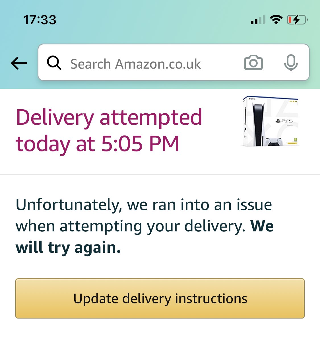 LittleCholo69's tweet photo. No attempt was made? Did Amazon just steal my PS5 😭 
#ps5 #ps5stockuk https://t.co/f4vUyy9Dn9