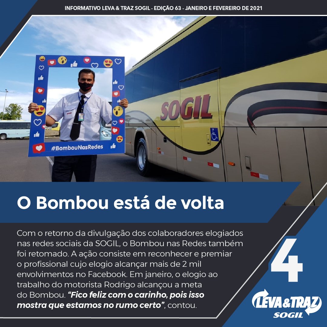 SOGIL_Oficial's tweet photo. #LevaETraz 📰 🚍 📱
Com o retorno da divulgação dos colaboradores #elogiados nas redes sociais, o Bombou está de volta.
#BombouNasRedes #Edição63 #Informativo https://t.co/a28q2gXSfD