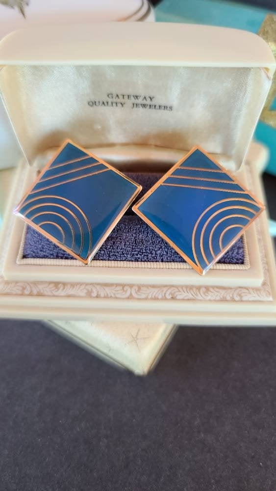 Excited to share the latest addition to my #etsy shop: Blue and Gold Geometric Enamel Clip-on Earrings etsy.me/3riNmO4 #blue #square #geometric #gold #no #earlobe #vintageearrings #geometricearrings #cliponearrings