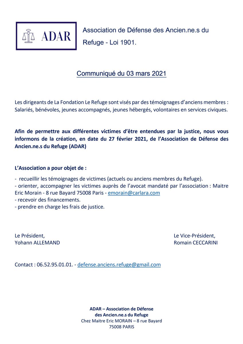 AssociationAdar's tweet image. 🛑 COMMUNIQUÉ du 3 Mars 2021 
N’hésitez pas à le PARTAGER 
Si vous souhaitez témoigner voici nos coordonnées :
TEL : 06.52.95.01.01                                                   MAIL : defense.anciens.refuge@gmail.com AVOCAT : @EricMorain