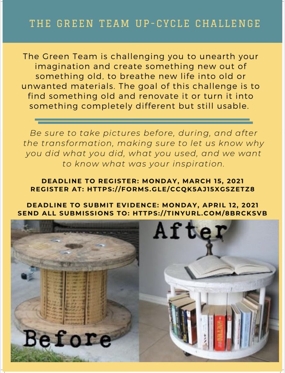 STEM_Phoenixes's tweet photo. The Green Team is challenging YOU to unearth your imagination and create something new out of something old, breathe new life into old or unwanted materials. The goal of this challenge is to find something old and renovate it into something completely different but still usable https://t.co/X2gBjfupZH
