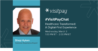 VisitPay's tweet photo. It's almost time for #VisitPayChat! Join us and @Hyken between 1-2pm ET today to discuss how digital is transforming healthcare experiences. https://t.co/MSjVgxWX0k