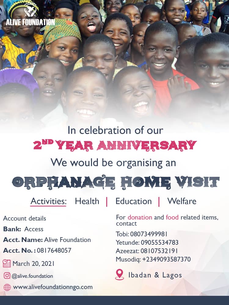alive_foun's tweet photo. In Celebration of our 2nd anniversary. 
 Alive Foundation is organizing a project"Orphanage Home Visit" we are much concerned about the health and well-being of orphans. We are reaching out to these orphans in Ibadan and Lagos state through charity by providing their basic needs. https://t.co/Fpkg13qzWF