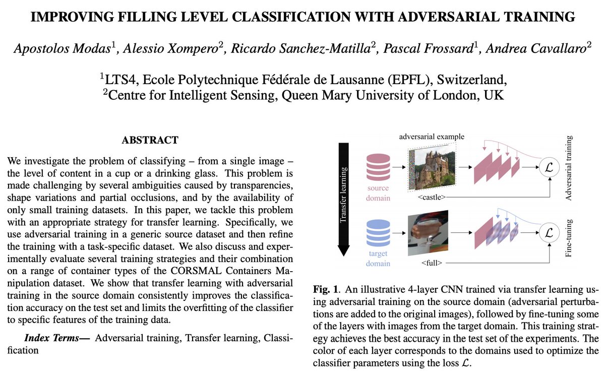 Apparently adversarial robustness improves transfer learning even in non-trivial classification tasks!🧐

Check our new paper "Improving filling level classification with adversarial training" 🍷🥃

📄arXiv: bit.ly/3kFZZ38

<a href="/pafrossard/">Pascal Frossard</a> <a href="/smartcameras/">Andrea Cavallaro</a> <a href="/aXompi/">Alessio Xompero</a> <a href="/RicSanMat/">Ricardo Sánchez Mati</a>