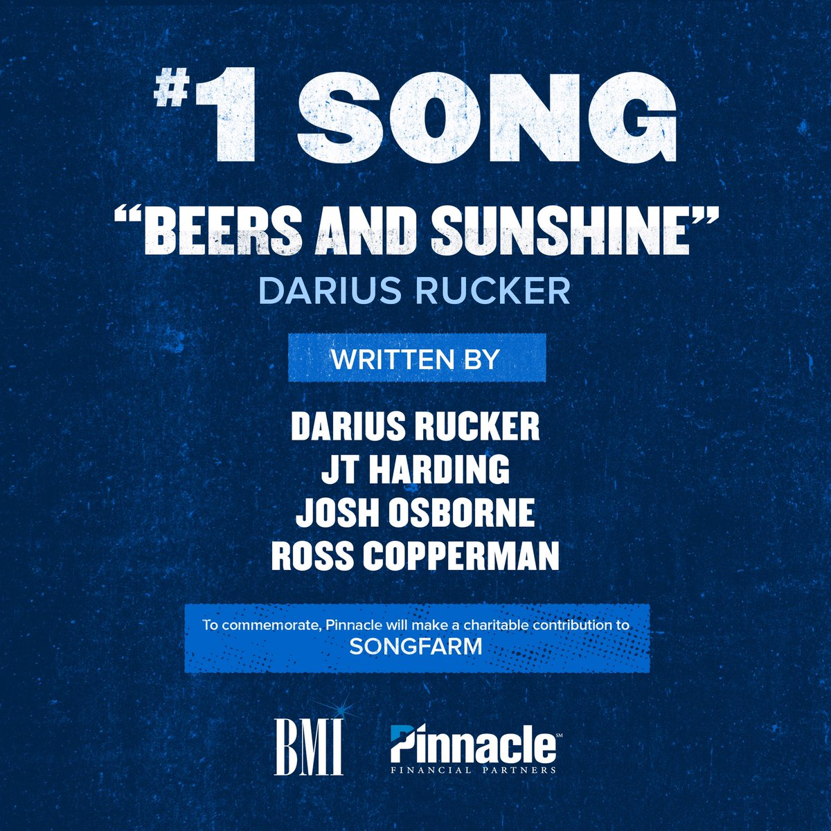 bmi's tweet photo. “Beers and Sunshine” topped the charts last week! Congrats to 4x #BMICountryAwards Songwriter of the Year @rosscopperman and co-writers @dariusrucker, #JTHarding &amp; @ohmyjoshosborne on another #1 song 🏆 @PNFP will make a donation to @thisissongfarm to celebrate! #BMICountry https://t.co/tcucR4fkJ5