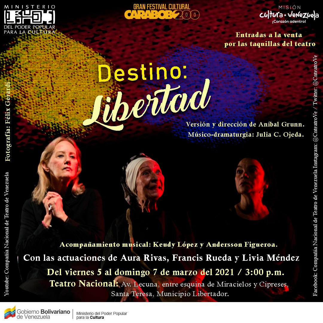 #Estreno La Compañía Nacional de Teatro te invita al estreno de la pieza teatral "Destino: Libertad" con la actuación de las primeras actrices. viernes 05 al domingo 07 de marzo a las 3:00 pm en el Teatro Nacional.  Entradas por las taquillas del teatro. ¡Te esperamos!