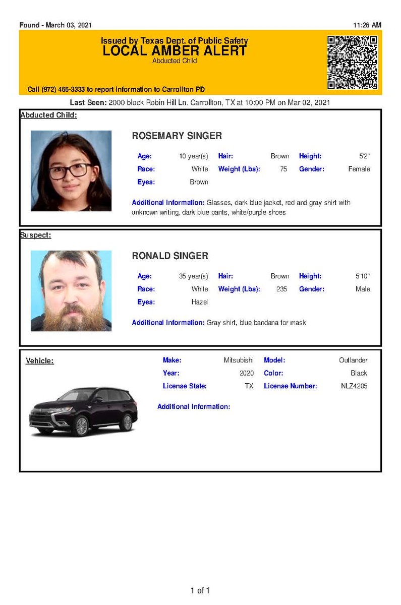 RT @TX_Alerts: DISONTINUED AMBER ALERT for Rosemary Singer from Carrollton, TX on 03/03/2021, Texas plate NLZ4205. https://t.co/uMgfTi4jVW