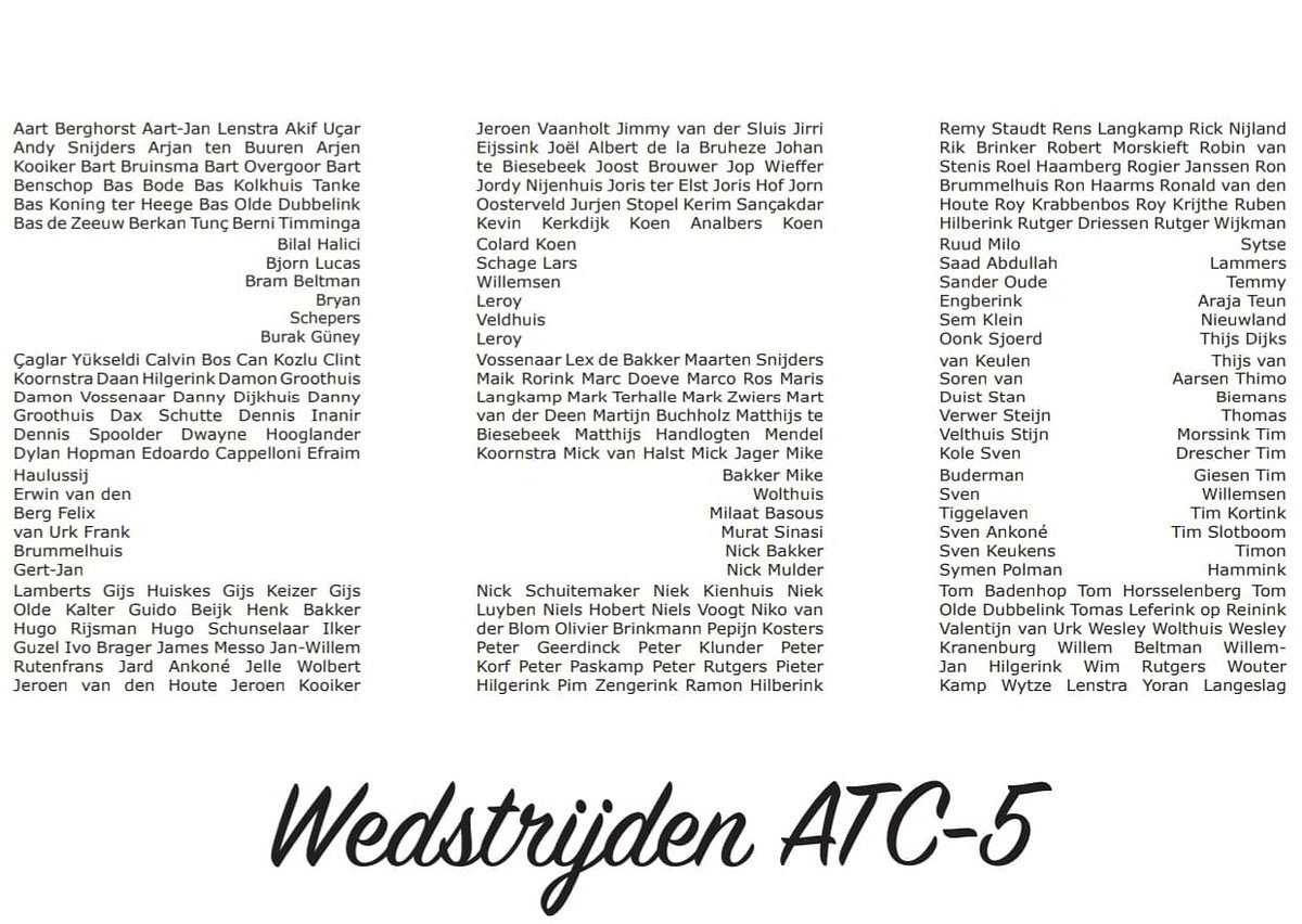 vvatc5's tweet photo. Op veler verzoek gaan wij deze unieke 250 wedstrijden jubileumshirt (met alle namen die ooit voor ons zijn uitgekomen) van ATC-5 bestellen! 

Wil je ook zo'n gek shirtje ? Pb even voor je maat! Slecht 10 eurootjes!

#atc5 #hengelo #250 #jubileum #tshirt #design https://t.co/opjRB17XlM