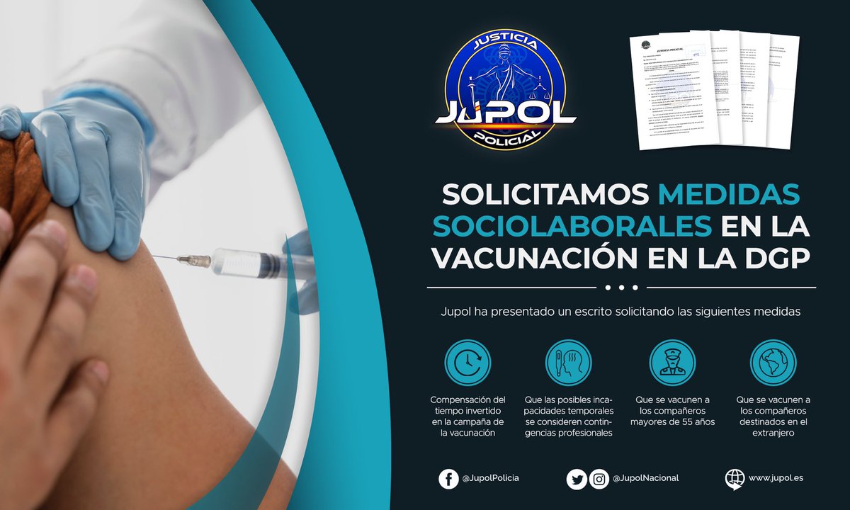 JupolNacional's tweet photo. 🔵JUPOL ha solicitado medidas socialaborales en la #Vacunación en la DGP.

⏰Compensación horaria.

🥵Que los efectos secundarios sean reconocidos como contingencias profesionales.

👮🏼‍♂️Vacunas para mayores de 55.

🌍Vacunación para los Policías en el extranjero.

#EquiparacionYa https://t.co/qDJWAzLPhb