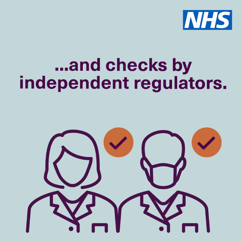 DHSCgovuk's tweet photo. The #CovidVaccine was approved after three stages of clinical trials with thousands of people and checks by independent regulators.

Public safety is our top priority.

Find out more about the vaccine from the NHS 👇