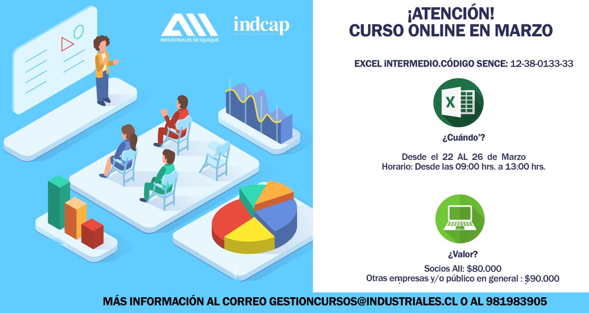 aiigremio's tweet photo. 📢Atención‼️
La @aiigremio a través de su Otec #Indcap, impartirá el Curso de Excel Nivel Intermedio, con Código Sence. 
💻Modalidad Online 
🗓️22 al 26 de Marzo 2021 
Para más información llama al 981983905 
Cupos Limitados‼️ https://t.co/QFPleKFvst