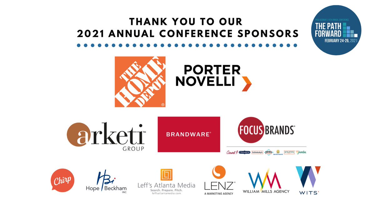 prsageorgia's tweet photo. Special thanks to the incredible sponsors of our Annual Conference. This year’s first virtual event wouldn’t have been a success without you! #PRSAGeorgia #ThePathForwardPR https://t.co/fZAKHd2Vy4