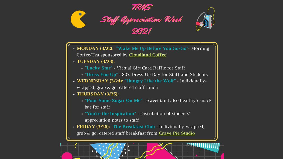 TRMSPTA's tweet photo. 8️⃣0️⃣❗️We have selected "The 80s" as our 2021 Staff Appreciation Week theme, and, as you can see, we have an amazing week of themed events planned to treat our awesome staff! 8️⃣0️⃣❗️ #TheTRWayForward https://t.co/SrpHpP6TIL