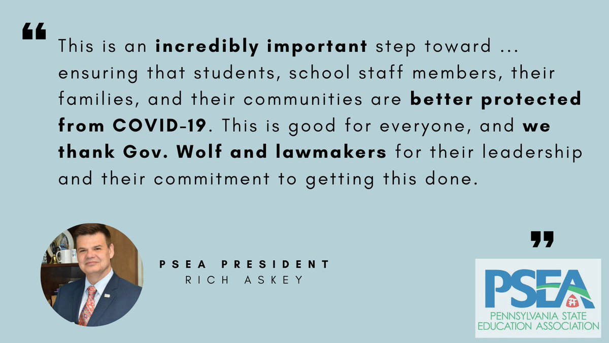 "Our schools are essential, and vaccinating the dedicated people who make them work is critical to keeping everyone in them safe and healthy," said <a href="/PSEAPres/">Aaron Chapin</a> Rich Askey today.

Read PSEA's full statement 👇🏽 
psea.org/release/educat…