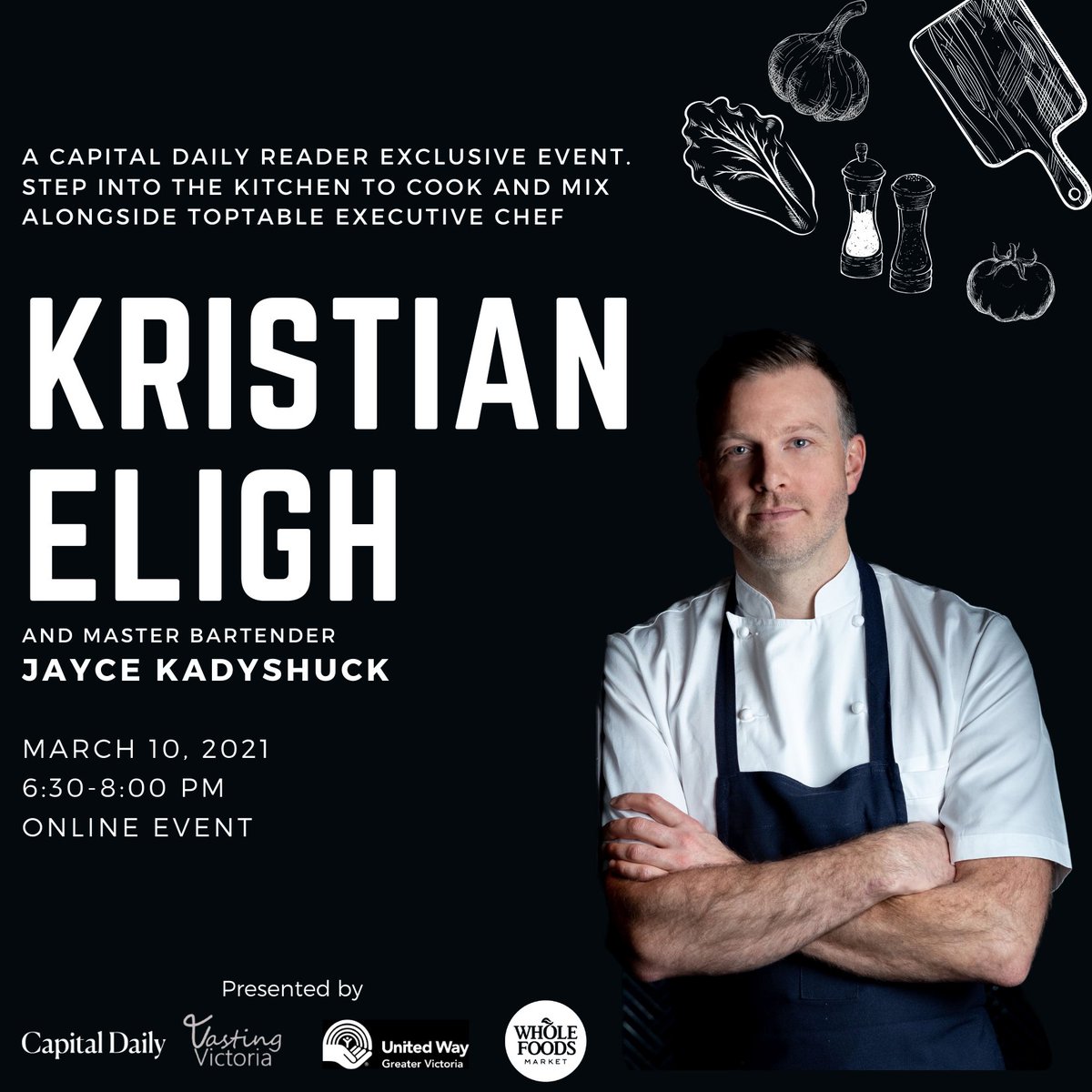 Join us next week for our first Capital Daily event! Spice it up with a virtual #yyj cooking class feat. Executive Chef Kristian Eligh from the <a href="/toptablegroup/">Toptable Group</a> and Master Bartender Jayce Kadyshuck pairing a delish cocktail. Registration costs $15. 

👉 75jdkk9vgz3.typeform.com/to/OQgwwAPk