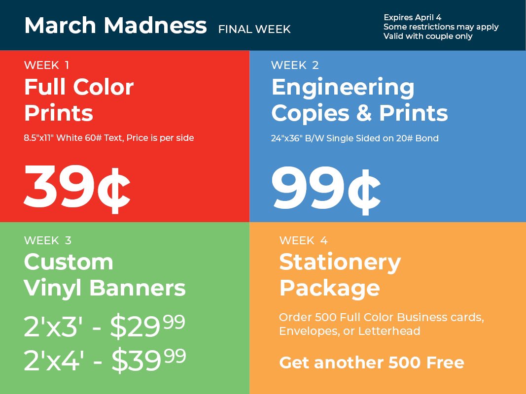 copysource's tweet image. As avid fans of college basketball, we’re honoring the return of March Madness this year with the return of our very own March Madness Deals! One unbeatable deal per week!! Contact us for a free quote on your unique project, or to discuss your bracket for the championship :)