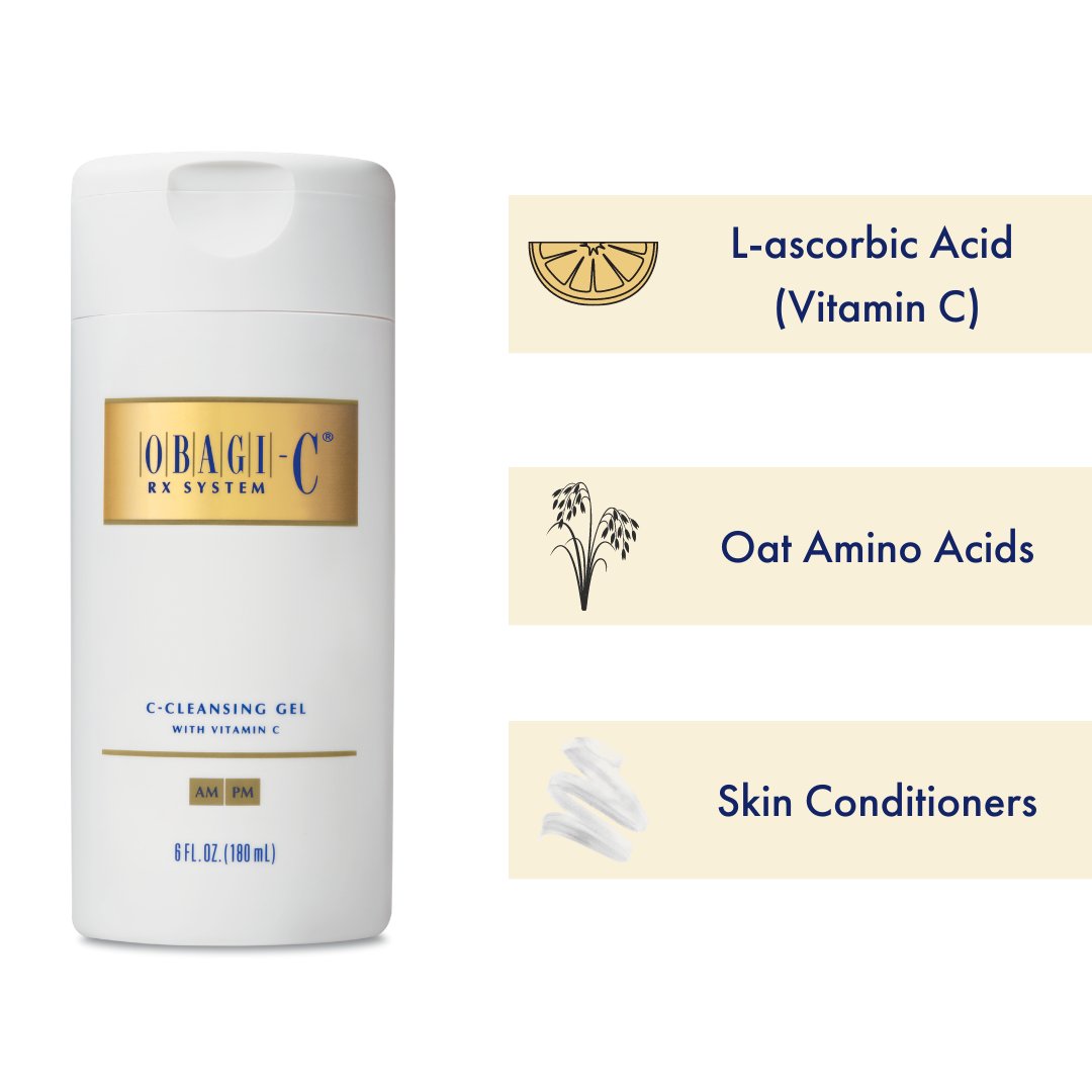 Obagi's tweet image. What’s in our Obagi-C® C-Cleansing Gel? All these key ingredients work together to clarify, prep the skin and remove other impurities. 
🍊 L-acorbic Acid 
🌾 Oat Amino Acids
🌫️ Skin Conditioners
