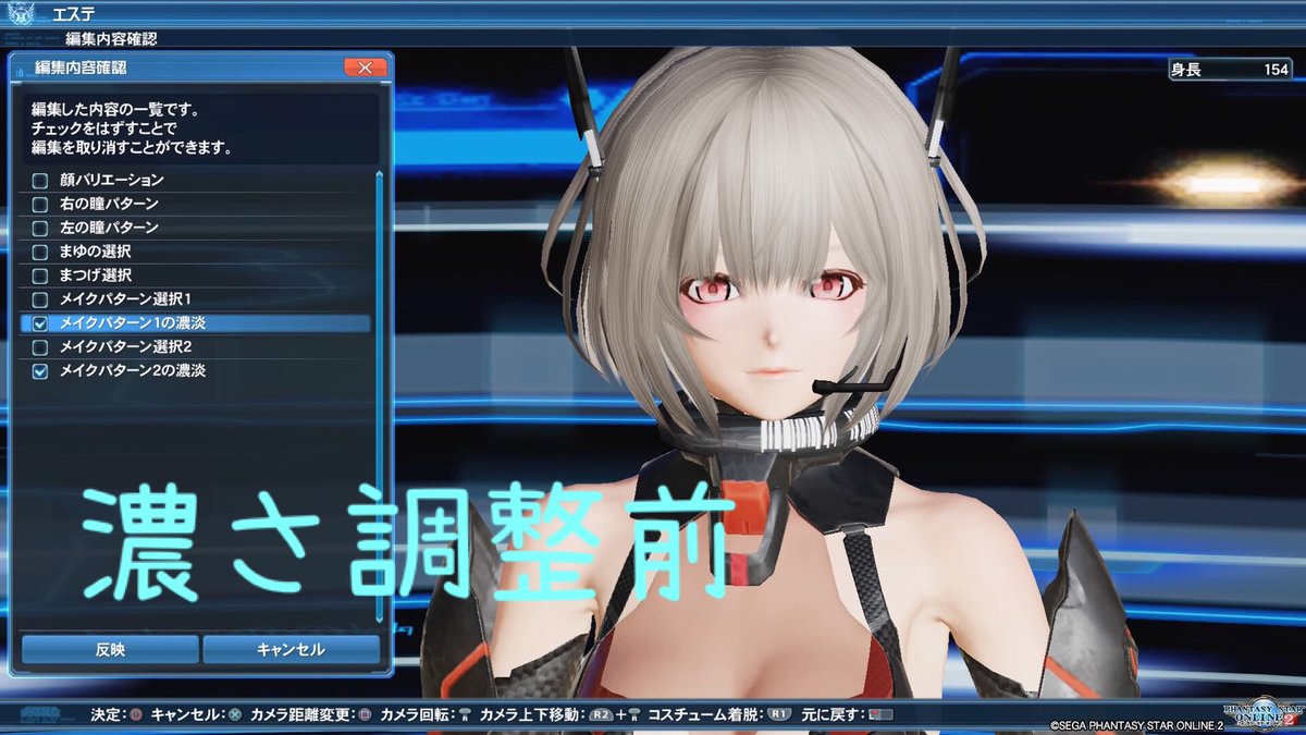 楽器を弾く人 Ngs顔にする メイクの濃さを調節する エステ最終変更確認項目のところでチェック外してpso2顔に戻す 何故か調節できないはずのpso2用メイクの濃さ調節が反映されてる 不具合なのか仕様なのかわからんね 明らかにメイクの濃さ変わっ
