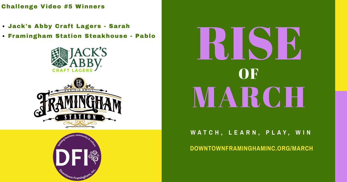 Rise of March Contest Challenge #5 Winners are Sarah and Pablo who win e-gift cards to @jacksabby &amp; Framingham Station!  
Challenge #5 Answer:  Life Sciences!
Tomorrow, 4 people will win big from Challenge #6 and the BONUS Challenge all at 7 pm!
Play at downtownframinghaminc.org/march