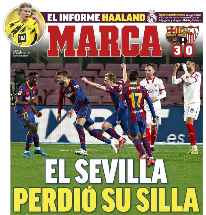 SC_ESPN's tweet photo. Así tituló Marca para simplificar la remontada de Barcelona ante Sevilla. https://t.co/GLKcxZa39u