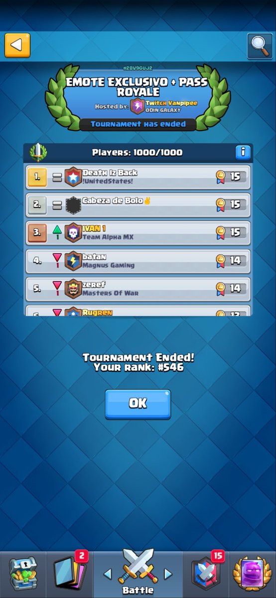 Que locura el apoyo con los torneos de emotes de <a href="/ClashRoyaleES/">Clash Royale ES</a>!🔥

1000/1000 regalados hoy‼
2 Pass Royale reglados🎁

Algun sponsor para el torneo de Emotes de mañana que me pueda ayudar con un Pass Royale para el campeon? ($5USD)
Se le dara requisitos de seguir y publicidad🙌🏼