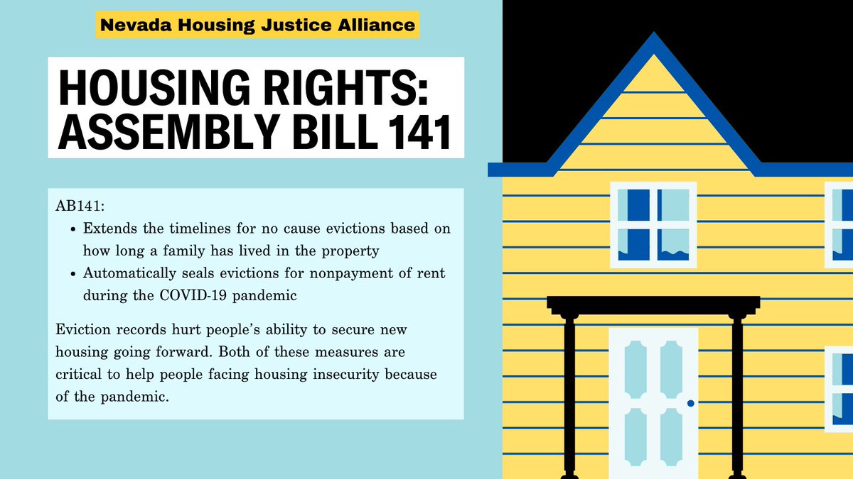 Support housing justice in #NV! Eviction records hurt people’s ability to secure new housing going forward. #AB141 automatically seals COVID-19 related evictions for nonpayment of rent #Housingisaright #nvleg Share your opinion with legislators: leg.state.nv.us/App/Opinions/8…