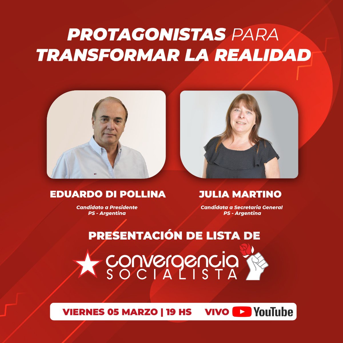 BasesPS1's tweet photo. Este VIERNES 05 de Marzo a las 19 hs nos encontramos en VIVO por YouTube en la presentación de la lista #ConvergenciaSocialista 👇🏽

Propuesta federal y plural para un PS donde sus militantes y afiliades recuperen el PROTAGONISMO https://t.co/CfVXQxnq2U