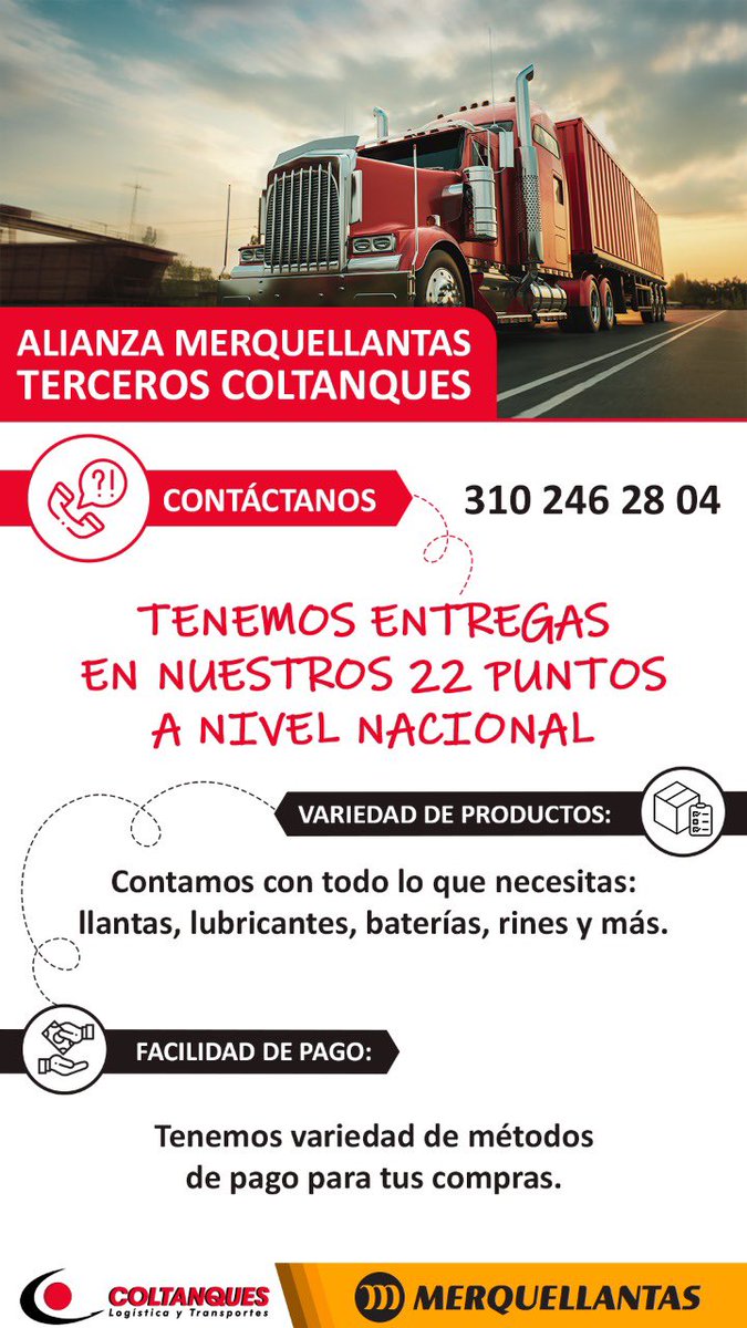 coltanquessas's tweet photo. En #Coltanques nos aliamos con @merquellantas_sas para darle más beneficios a nuestra flota aliada de terceros.
Contáctate al 3102462804 o visita alguno de sus 22 puntos a nivel nacional para que aproveches esta oportunidad. https://t.co/lkhlrwX5hG