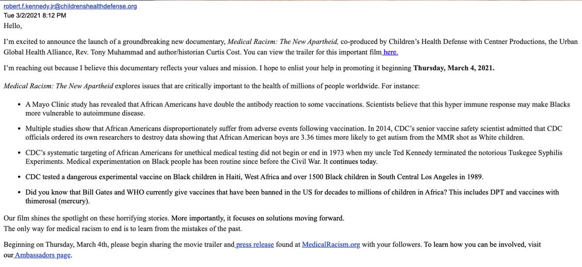 angie_rasmussen's tweet image. It has come to my attention that noted anti-vaccine zealot Robert F. Kennedy Jr. is releasing a film tomorrow targeting the Black community with some appalling misinformation.

It is not just filled with falsehoods. Despite claiming to be anti-racist, it is racist as hell