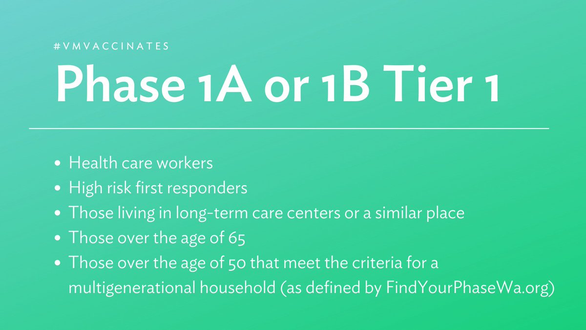 The #COVID19 vaccine is now available for Groups 1A and 1B Tier 1. If you don’t fit into the criteria below, or would like to know if or when you’re eligible, visit findyourphasewa.org.