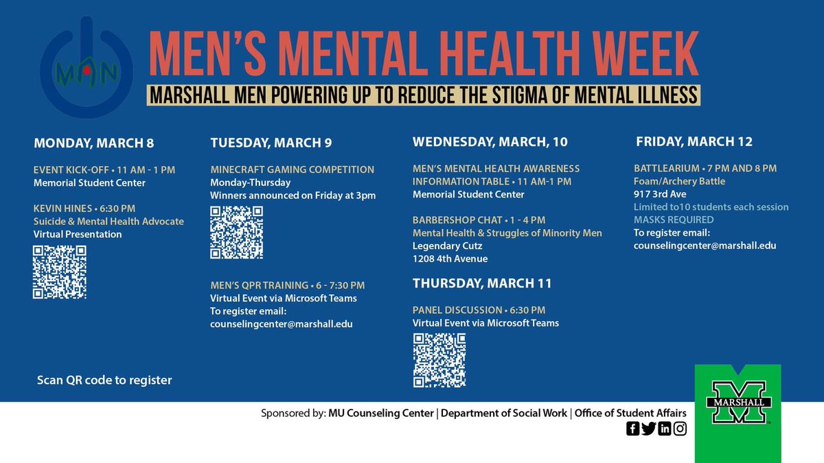 Men deserve to live and thrive free from gendered stereotypes and stigma. Check out these educational and wellness activities during Men’s Mental Health Week! 
👏👏👏 Counseling Center, Dept of Social Work, &amp; @marshallustuaff