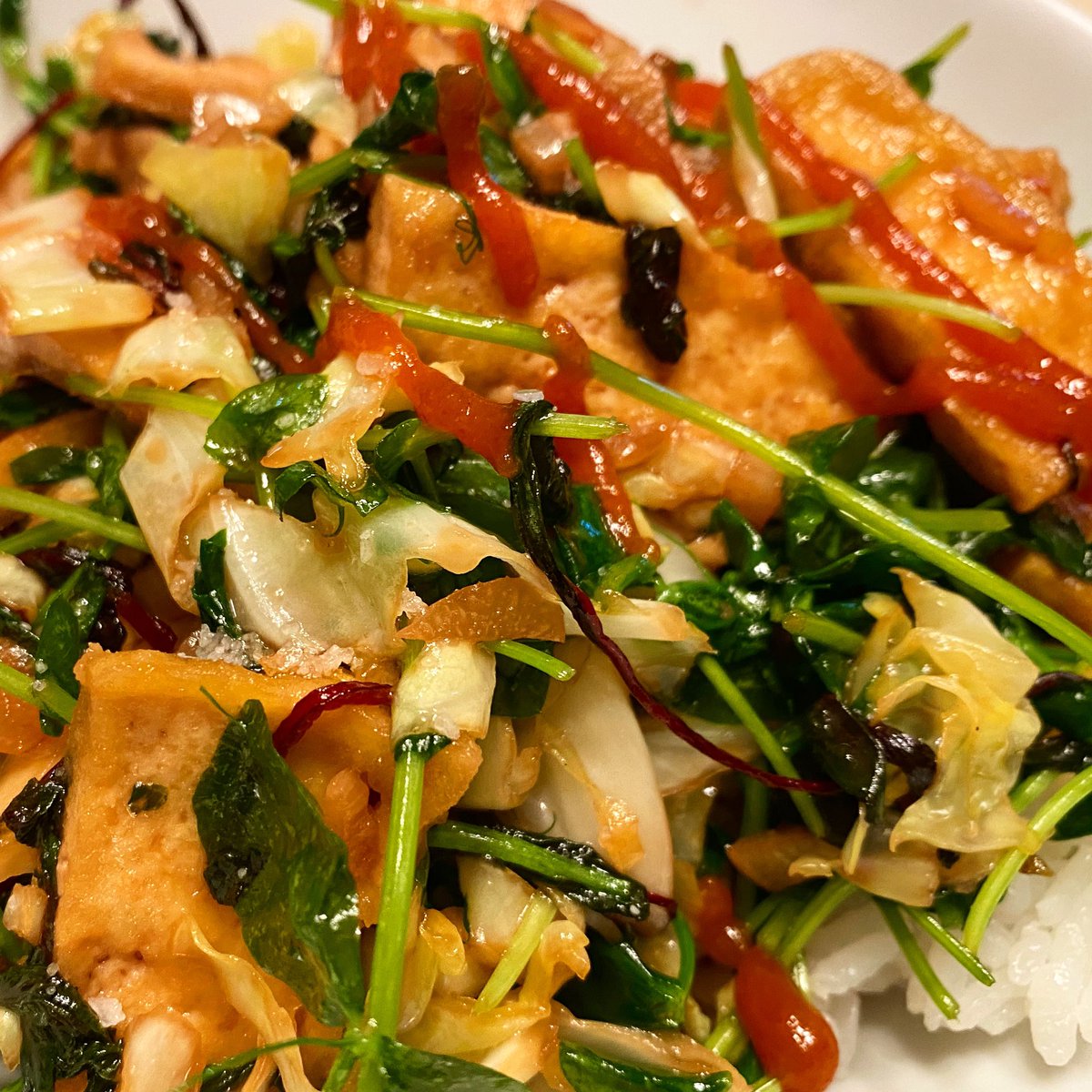 I've heard  #vegetarian food mocked as 'tofu and leaves.' But I 💚 #tofu and leave, especially if the leaves in question are #cabbage, baby #BeetGreens and #PeaShoots, and are stir fried in a #SoyGlaze! #JadziaCooks