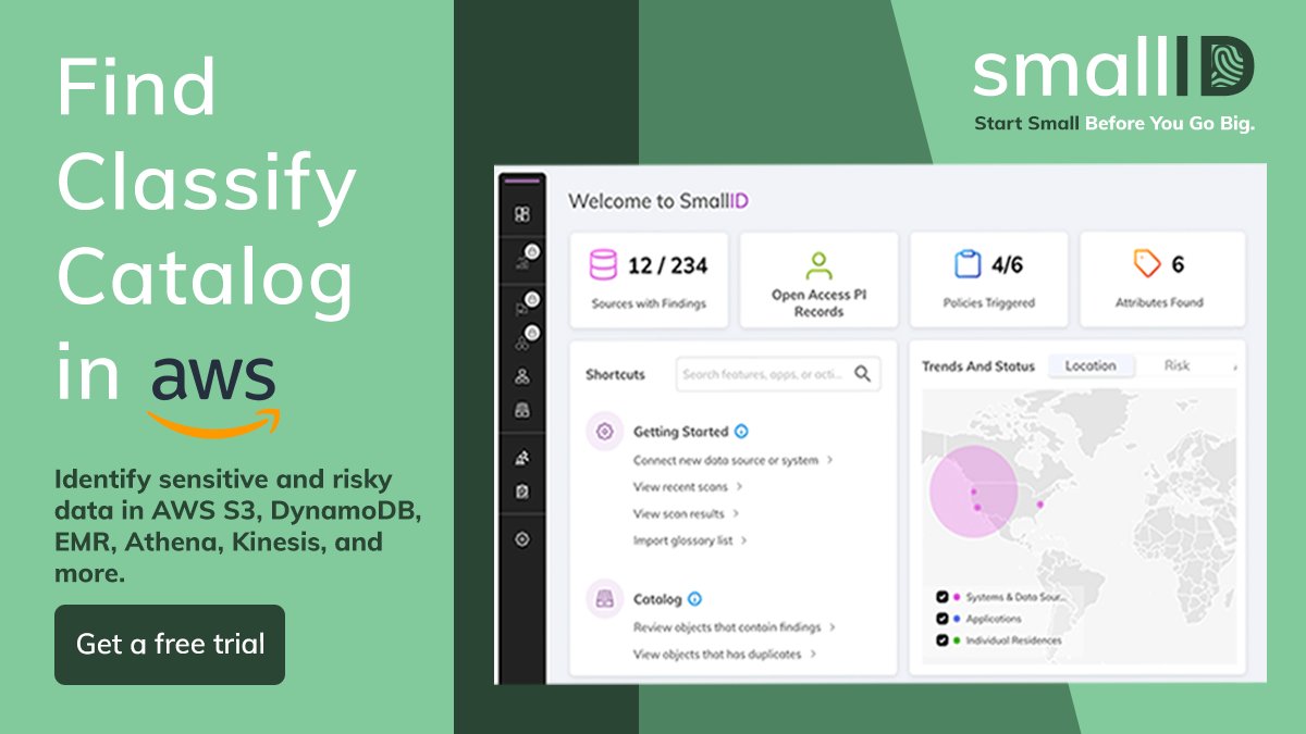 bigidsecure's tweet photo. Looking to find, classify, & catalog #SensitiveInformation to accelerate time to visibility & insight on enterprise #Data in @awscloud? Then check out #SmallID — a #Cloud-native solution available on the #AWS Marketplace. Get the datasheet >> https://t.co/qfKn7xC9li https://t.co/13Wkn02q5t