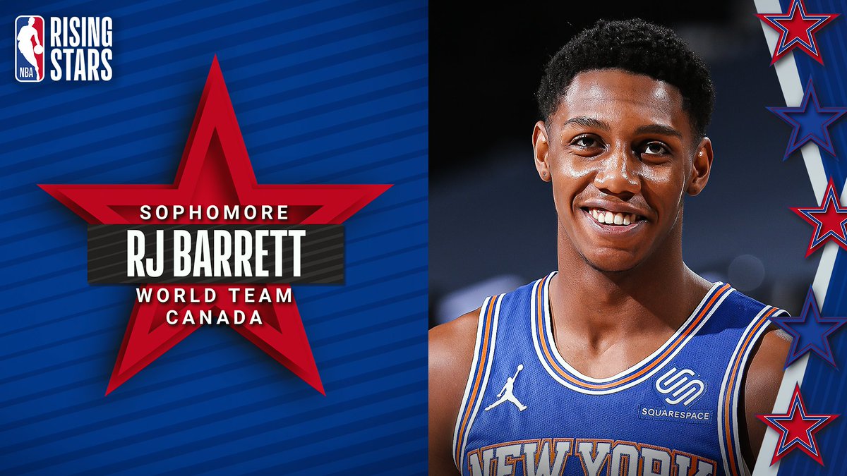 Earning his 2nd Rising Stars selection for the World Team... RJ Barrett of the @nyknicks! @RjBarrett6 was drafted as the 3rd overall pick in the 2019 NBA Draft out of Duke (originally from Canada). https://t.co/lHu80IrpCd